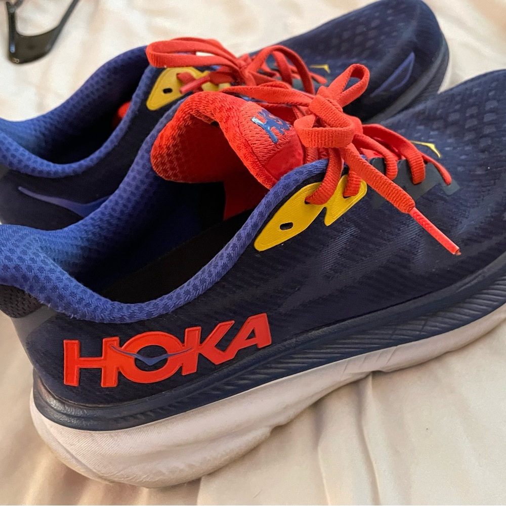 Hoka One One Blue and Red Sneakers with Distinctive Design